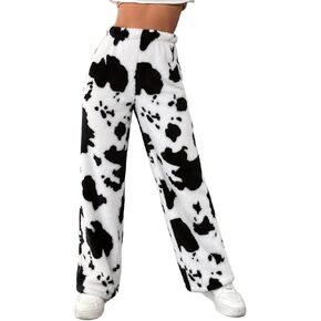 Cow Print Fuzzy Pajamas Pants for Women Elastic High Waist Casual Fluffy Sherpa Fleece Warm Lounge Long Pants