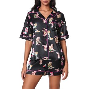 Cowboy Boots Pajamas for Women Silk Satin 2 Piece Western Pjs Short Sleeve Preppy Shirt and Pj Shorts Set Sleepwear