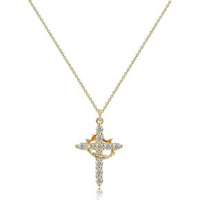 Paved Cross Rotated Crown Necklace, 18k Gold Plated Rotating Crown Diamond Cross Necklace Christian Faith Zircon Cross Blessing Necklace Jewelry Gift For Men Women
