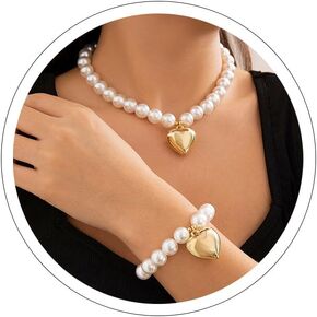 Heart Necklaces and Bracelet Set for Women Chunky Gold Necklace Puffy Heart Choker Necklace Big Heart Pendant Pearl Beads Necklace Trendy Prom Jewelry Accessories