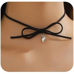 Bow Tie Necklace Black and Red Velvet Bow Knotted Choker Necklace Silver Heart Beads Collar Necklace Black and Red Ribbon Velvet Bow Necklace Black Red Bow Tie Suede Choker for Women