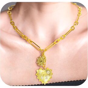 Chunky Gold Necklace for Women, 14K Gold Heart Pendant Necklace, Sun Flower Necklace,Paperclip Chain Layered Necklaces, Gold Choker Jewelry for Women Gifts
