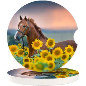 Sunflower Field Horse Absorbent Car Cup Coasters,Cup Holders,Cork Base Drink Coasters with Finger Notch for Easy Move of Car Cup Holder for Women Men 2.6"(2 Pieces)