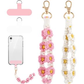 Jspupifip 2 PCS Boho Macrame Phone Wrist Strap, Cute Cell Phone Lanyard with Tether Tab Floral Smartphone Wristlet Bracelet Keychain Anti Theft Strap for Women Girls(White+Green)