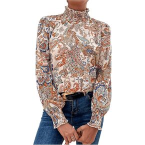 WDIRARA Women's Paisley Print Mock Neck Blouse Puff Long Sleeve Frill Trim Boho Shirt Tops