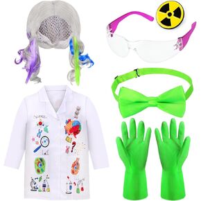 6 قطع من أزياء Kyson Mad Scientist للفتيات - معطف مختبر العلوم المجنون ونظارات وقفازات وربطة عنق بروش لفستان الهالوين