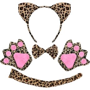 Leopard Costume Set Leopard Cat Ears Headband Leopard Cat Tail Bowtie and Gloves Kit Leopard Cat Accessories Cheetah Costume Cheetah Ears Headband Halloween Costume Adult Animal Party Cosplay