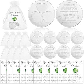 50 Sets St. Patrick's Day Gift Bulk Good Luck Shamrock Charm Tokens 3 Three Leaf Clover Pocket Token Lucky Coins with Prayer Cards and Bag Irish Party Gift for Coworker Family Friends Teacher