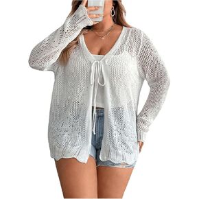 SHENHE Women's Plus Size Crochet Cardigan Tie Front Hollow Out Knit Cardigan Sweater Cover Up