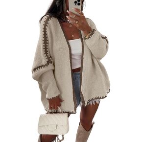 Women Fall Open Front Striped Cardigan Sweater Casual Loose Chunky Knit Coatigan Coat