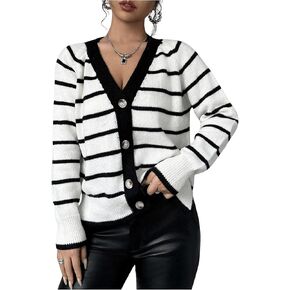 MakeMeChic Women's Striped Cardigan Sweaters Long Sleeve V Neck Button Down Knitted Outerwear