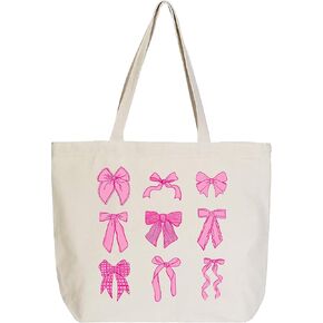 Clairmont & Co Cute Everyday Travel Tote Handbag For Shopping, 15 x 18 Inch Natural Canvas, Pink Bows