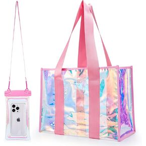 Large Beach Bag for Women, Clear Beach Tote Bag Waterproof & Sandproof with Phone Pouch, Tip-Proof Iridescent Pool Tote Bag for Swim, Travel, Boat Bag