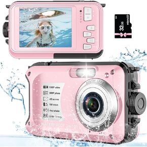 Underwater Camera with 32GB Card Waterproof Digital Camera for Kids 10FT 30MP FHD 1080P Compact Portable 16X Digital Zoom Waterproof Camera