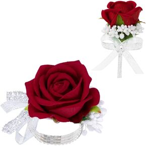 2Pcs Red Artificial Rose Corsage Wristlet Band and Men Boutonniere Set, for Prom Suit Decorations Wedding Party Flower Accessories