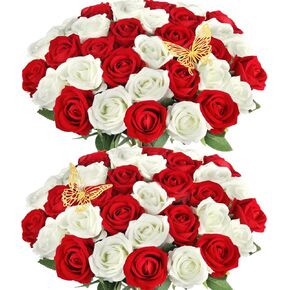 Red Roses Artificial Flowers Velvet Silk Roses Fake Flowers Faux Artificial Roses Stem Bulk - 36Pcs Realistic Roses for Wedding Centerpieces Flower Arrangement Bridal Bouquet Valentines Day Home Decor