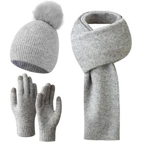 Women Hat Scarf Gloves Pom Pom Knitted Beanie Neck Warmer Touchscreen Gloves Set Knitting Skull Cap Accessory