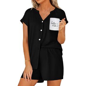 Ekouaer Pajamas for Women Set Button Up Pj Sets Soft V Neck Short Sleeve Sleepwear 2 Piece Loungewear
