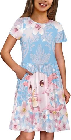 فساتين Uourmeti للفتيات على شكل حرف A كاجوال بأكمام قصيرة فستان الأميرة مع جيوب in Kuwait