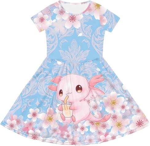 فساتين Uourmeti للفتيات على شكل حرف A كاجوال بأكمام قصيرة فستان الأميرة مع جيوب in Kuwait