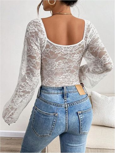 SweatyRocks Women's Long Sleeve Lace Bodysuit Fishnet Sheer Mesh Leotards Tops in Saudi Arabia