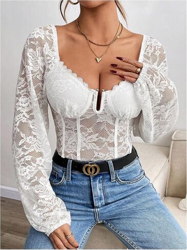 SweatyRocks Women's Long Sleeve Lace Bodysuit Fishnet Sheer Mesh Leotards Tops in Saudi Arabia