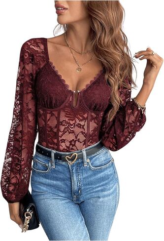 SweatyRocks Women's Long Sleeve Lace Bodysuit Fishnet Sheer Mesh Leotards Tops in Saudi Arabia