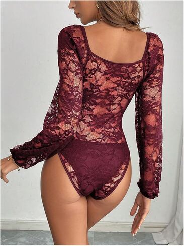 SweatyRocks Women's Long Sleeve Lace Bodysuit Fishnet Sheer Mesh Leotards Tops in Saudi Arabia