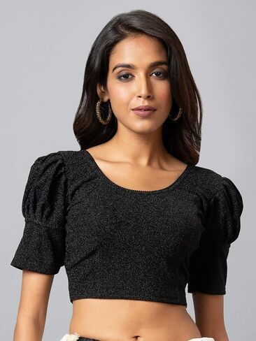 Women's Readymade Shining Lycra Stretchable Round Neck Half Sleeve Blouse in Saudi Arabia