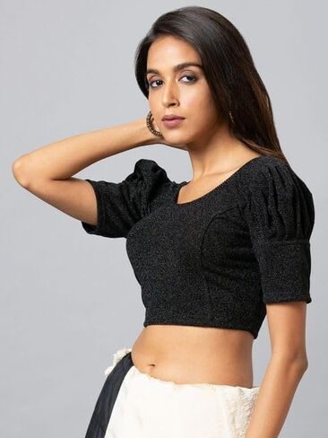 Women's Readymade Shining Lycra Stretchable Round Neck Half Sleeve Blouse in Saudi Arabia