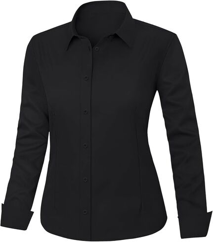 قمصان IN'VOLAND للسيدات مقاس كبير وأكمام طويلة وأزرار سفلية، بلوزة مكتب عمل كاجوال سادة باللون الأسود in Kuwait