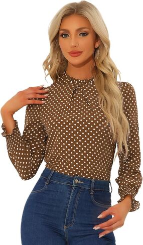 Allegra K Women's Printed Ruffled Mock Neck Puff Long Sleeve Casual Blouse Top in Saudi Arabia