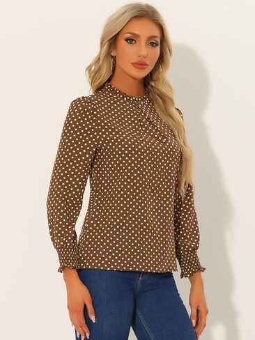 Allegra K Women's Printed Ruffled Mock Neck Puff Long Sleeve Casual Blouse Top in Saudi Arabia
