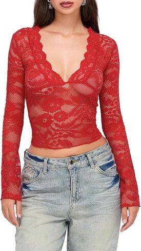 Women Y2K Lace Crop Top Sheer See Through Going Out Tops in Kuwait