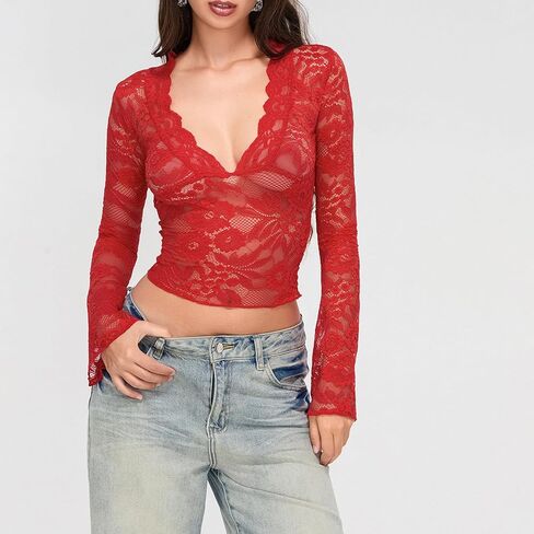 Women Y2K Lace Crop Top Sheer See Through Going Out Tops in Kuwait