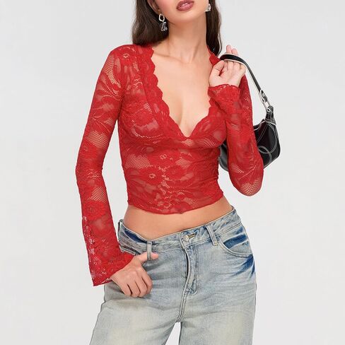 Women Y2K Lace Crop Top Sheer See Through Going Out Tops in Kuwait