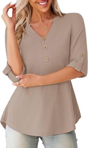 FOLUNSI Women's Plus Size Blouses Casual V Neck 3/4 Roll Sleeve Tunic Tops Waffle Shirt L-4XL in Saudi Arabia