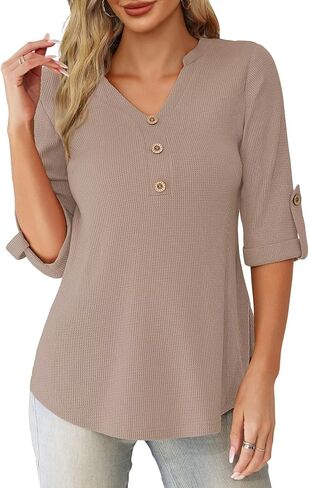 FOLUNSI Women's Plus Size Blouses Casual V Neck 3/4 Roll Sleeve Tunic Tops Waffle Shirt L-4XL in Saudi Arabia