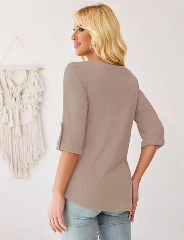 FOLUNSI Women's Plus Size Blouses Casual V Neck 3/4 Roll Sleeve Tunic Tops Waffle Shirt L-4XL in Saudi Arabia