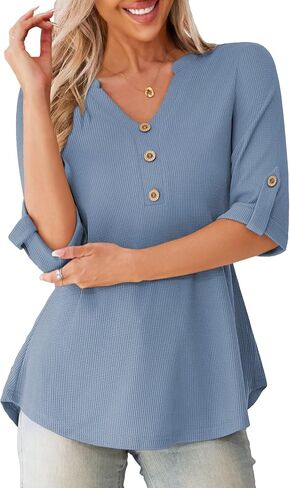 FOLUNSI Women's Plus Size Blouses Casual V Neck 3/4 Roll Sleeve Tunic Tops Waffle Shirt L-4XL in Saudi Arabia