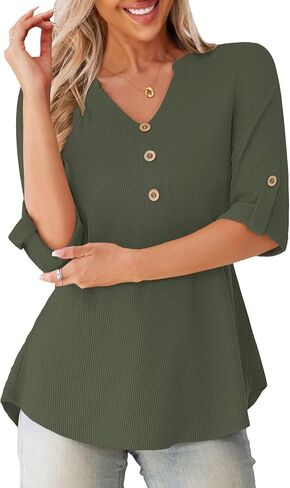 FOLUNSI Women's Plus Size Blouses Casual V Neck 3/4 Roll Sleeve Tunic Tops Waffle Shirt L-4XL in Saudi Arabia