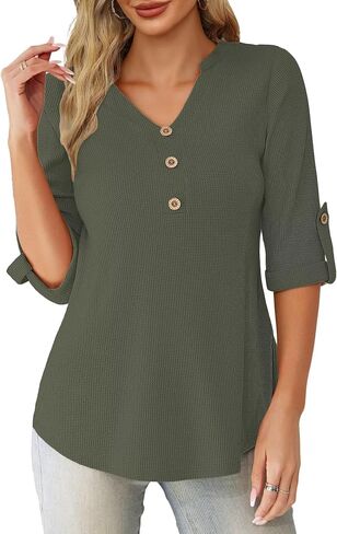 FOLUNSI Women's Plus Size Blouses Casual V Neck 3/4 Roll Sleeve Tunic Tops Waffle Shirt L-4XL in Saudi Arabia