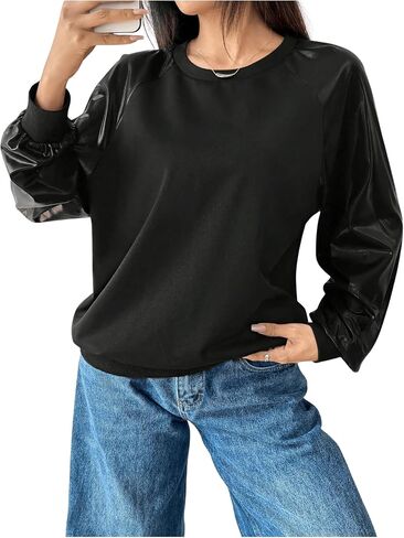 MakeMeChic Women's PU Faux Leather Long Sleeve Crew Neck Fall Tops Sweatshirt Pullovers Streetwear in Saudi Arabia