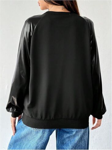 MakeMeChic Women's PU Faux Leather Long Sleeve Crew Neck Fall Tops Sweatshirt Pullovers Streetwear in Saudi Arabia