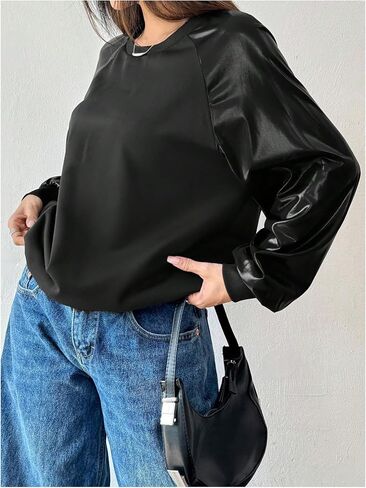 MakeMeChic Women's PU Faux Leather Long Sleeve Crew Neck Fall Tops Sweatshirt Pullovers Streetwear in Saudi Arabia