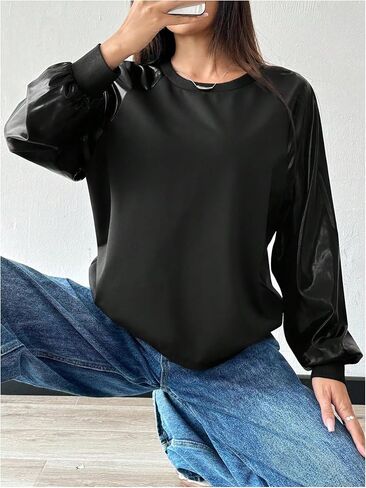 MakeMeChic Women's PU Faux Leather Long Sleeve Crew Neck Fall Tops Sweatshirt Pullovers Streetwear in Saudi Arabia