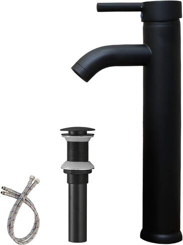 صنبور حمام أسود غير لامع بفتحة واحدة ومقبض واحد مع استنزاف منبثق مع مهوية الفائض، صنبور حمام، حوض سطح السفينة، صنابير تجارية حديثة، خلاط صنبور العرض، خرطوم خالٍ من الرصاص in Kuwait