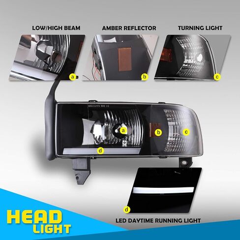 AUTOWIKI DRL Bar المصابيح الأمامية لـ 94-01 دودج رام 1500، لـ 1994-2002 دودج رام 2500 3500 4000 المصابيح الأمامية مجموعة استبدال ضوء الرأس زوج واحد من العدسات السوداء الشفافة in Kuwait