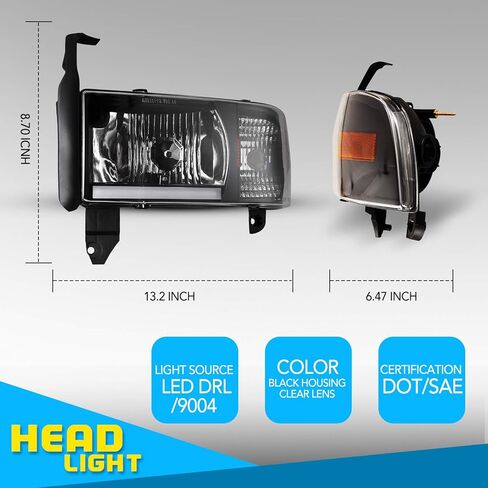 AUTOWIKI DRL Bar المصابيح الأمامية لـ 94-01 دودج رام 1500، لـ 1994-2002 دودج رام 2500 3500 4000 المصابيح الأمامية مجموعة استبدال ضوء الرأس زوج واحد من العدسات السوداء الشفافة in Kuwait