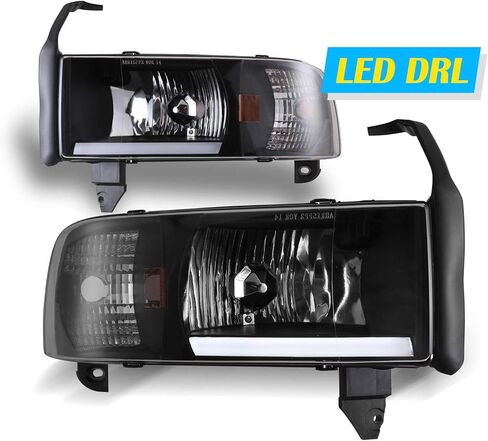 AUTOWIKI DRL Bar المصابيح الأمامية لـ 94-01 دودج رام 1500، لـ 1994-2002 دودج رام 2500 3500 4000 المصابيح الأمامية مجموعة استبدال ضوء الرأس زوج واحد من العدسات السوداء الشفافة in Kuwait